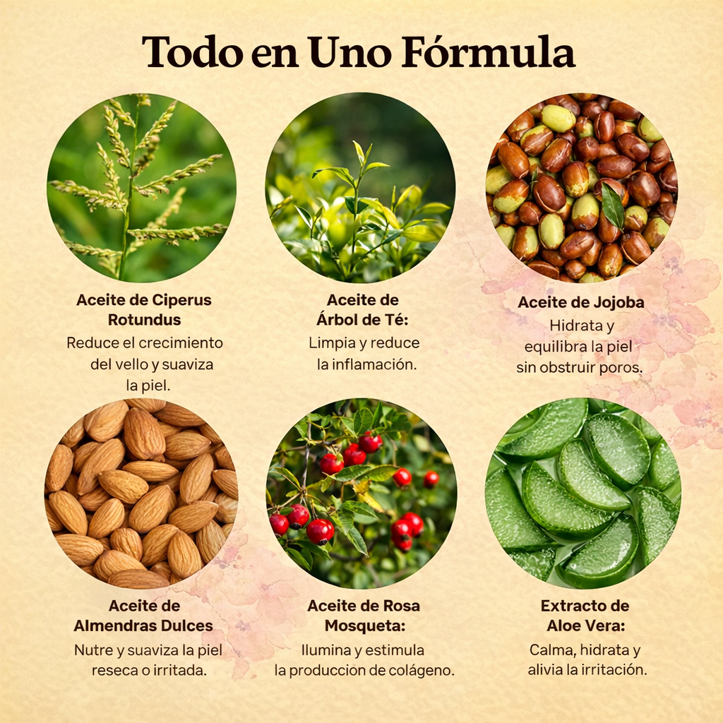 Aceite Cyperus Rotundus™: Frena el Vello, Hidrata tu Piel Naturalmente.