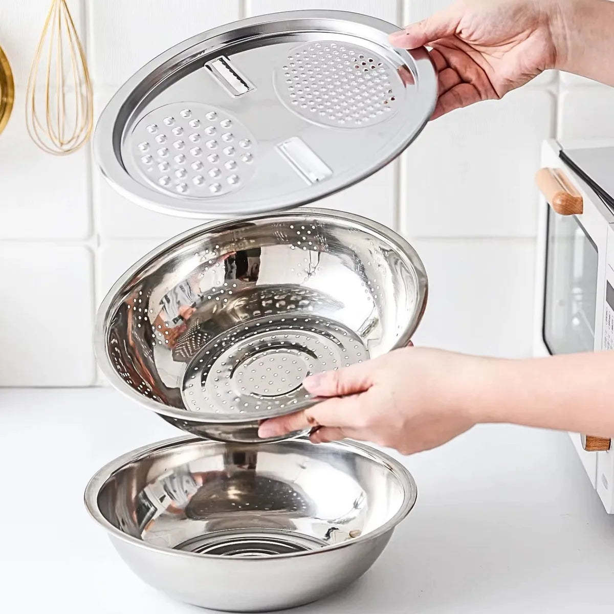 Set 3 en 1: Bowl, Colador y Rallador en Acero Inoxidable
