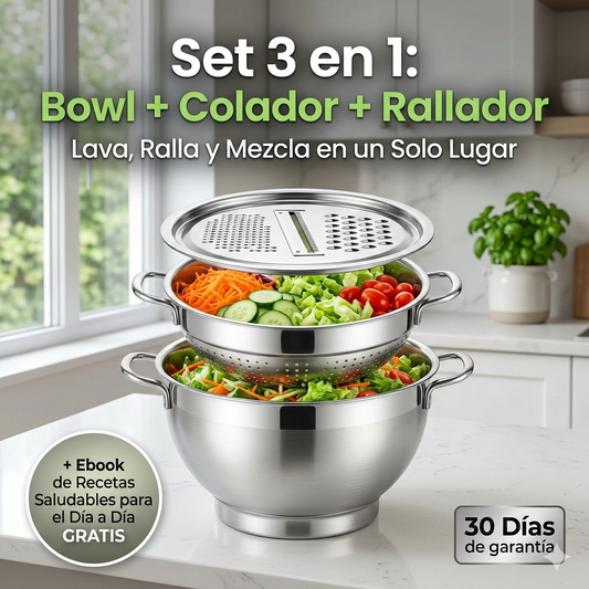 Set 3 en 1: Bowl, Colador y Rallador en Acero Inoxidable